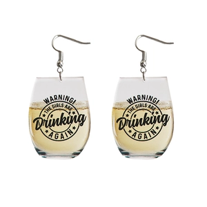 Funny wine glass earrings with yellow liquid and Warning The Girls Are Drinking text