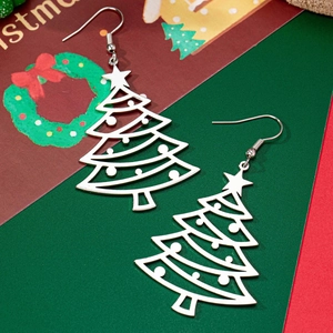 Elegant silver Christmas tree drop earrings with minimalist hollow geometric design