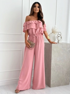 Detail view of pink off-shoulder jumpsuit with ruffle collar and waist tie design