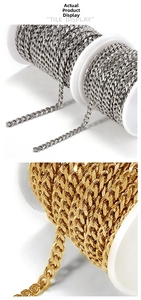 Detail of DIY Cuban link chains in gold and silver finish on white spools