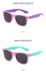 Pink and purple square frame kids sunglasses with dark grey lenses shown at 45 degree angle