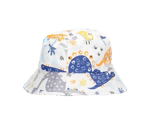 Close-up of baby sun bucket hat featuring colorful cartoon dinosaur patterns on cotton fabric