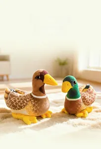Detailed close-up of two realistic mallard duck plush toys on a soft white carpet