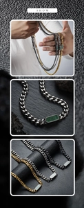 Detail view of titanium steel Cuban necklaces with green malachite pendants in three colors