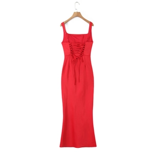 Detailed back view of red fishtail dress featuring adjustable lace-up corset tie design