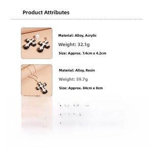 Detailed size and material specs for black and white resin cross necklace and earrings