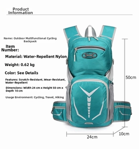 Cycling backpack details: water-repellent nylon fabric, 0.62kg weight, 24x50x10cm size