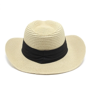 Classic straw Panama hat with black decorative ribbon, summer beach sun protection fedora