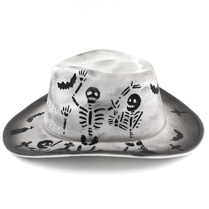 Gray and white gradient Halloween cowboy hat with skull patterns and Happy Halloween text