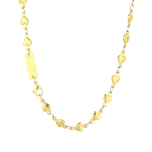 Golden stainless steel heart-shaped link necklace featuring a flat rectangular engravable tag