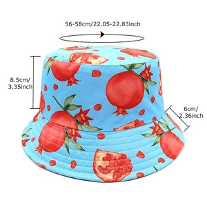Sky blue fisherman hat with red pomegranate pattern and size specifications for sun protection