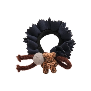 Floral lace velvet bear hair tie with blue ruffled fabric and leopard print teddy charm