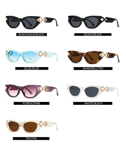 Multiple colors of cat eye sunglasses with metal details on clean white background