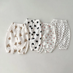 Infant Baby Cotton Pants Summer Breathable Cute Cartoon Floral Bear Print Casual Loose Long Pants Kids Bottoms