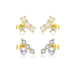 Elegant S925 sterling silver gold stud earrings set with pearl opal and zircon stones