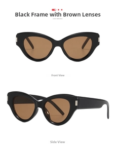 Macro detail of cat-eye sunglasses featuring silver metal hinge and tea-tinted lenses
