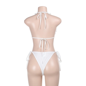 Rear view of white halter bikini set with tie-side thong bottoms on model