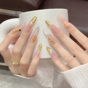 Handmade Press On Nails Cat Eye Luxury Almond Long Gradient Nude Pink Gold Foil Elegant French Manicure For Women