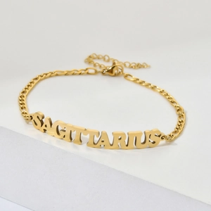 18K gold plated stainless steel Figaro chain anklet with Sagittarius zodiac nameplate