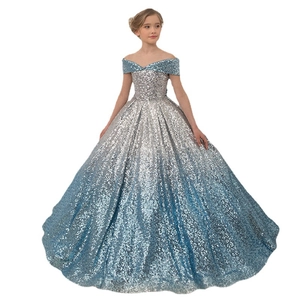 Girl's sequined gradient ball gown with off-shoulder neckline in silver to sky blue