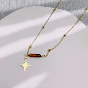 Close-up of golden star pendant necklace with natural brown tiger eye stone on white plate