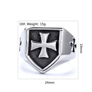 Vintage stainless steel signet ring with Maltese cross shield and engraved side detail