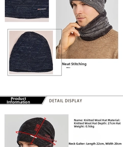 Detail display of blue knit hat and neck warmer set with dimensions and metallic logo