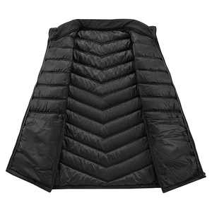 Slim fit black quilted down-alternative vest for men featuring high-quality V-stitching