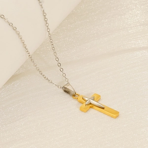 Collier Pendentif Croix Bicolore Plaqué Or 18K Acier Inoxydable Double Couche Bijoux Mode Hip Hop Pour Hommes Femmes