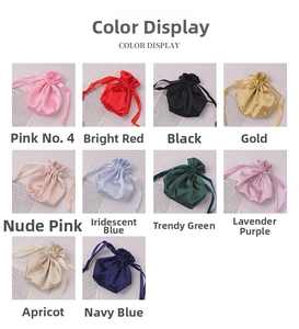 Detailed grid showing ten colorful satin drawstring storage bags for cosmetics and gifts