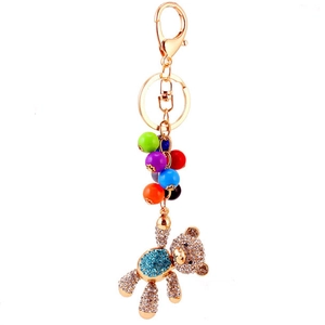 Sparkling rhinestone bear keychain with colorful beads and gold metal lobster clasp