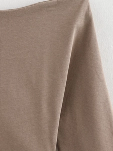 Detailed macro view of the soft brown ribbed knit fabric showing fine textile texture