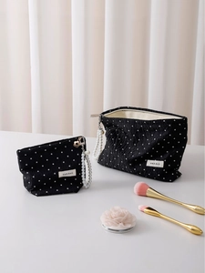 Polka Dot Makeup Bag Pleated Jacquard Fabric With Artificial Pearl Handle Portable Cosmetic Organizer Travel Elegant Women