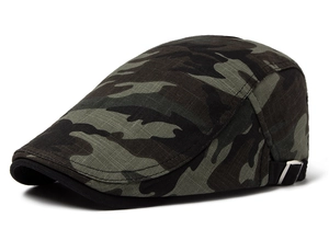 Close-up of camouflage ivy cap featuring a side adjustable metal buckle and cotton texture