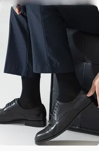 Close-up of breathable mesh texture on black cotton dress socks for men in formal shoes