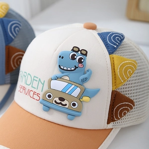 Kids dinosaur mesh baseball cap with cartoon car patch and breathable sun protection