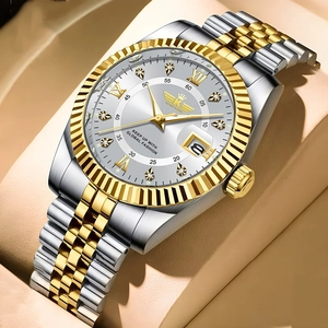 Elegant men's two-tone steel watch with date display and roman numerals on a display pad