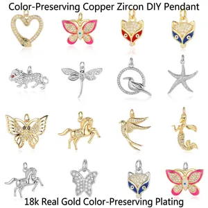 DIY zircon animal charms set in 18k gold plated copper for necklaces and jewelry making
