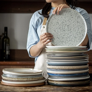 Ceramic Dinner Plate Round Vintage Glazed Steak Salad Dish Microwave Safe Creative Rustic Household Kitchen Tableware