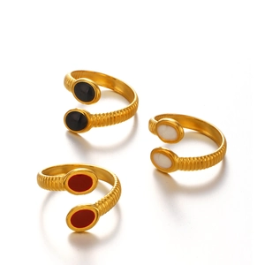 Minimalist gold plated open rings with black, white and red enamel oval details