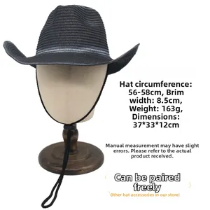 Men's straw cowboy hat with 8.5cm brim and adjustable wind rope details
