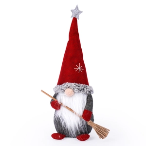 Handmade Christmas standing gnome doll with red hat and wooden broom holiday decor