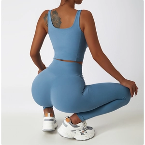 Rear side view of blue high-waisted yoga leggings and sports bra set for fitness