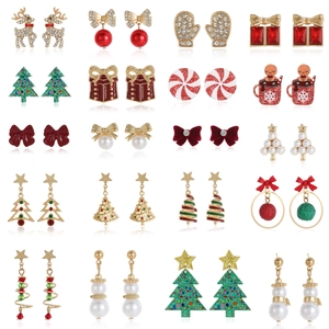 Christmas Stud Earrings Alloy Enamel Rhinestone Faux Artificial Pearl With Stainless Steel Earring Post Festive Holiday Jewelry Women