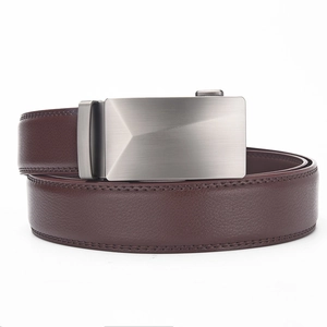 Men's dark brown leather belt with automatic brushed metal buckle on white background