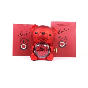 Rotating red bear jewelry gift box with preserved rose and matching gift bags for rings