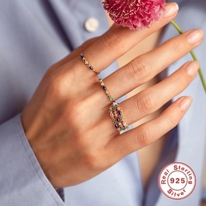 Set of three S925 sterling silver rings with colorful crystals and gold plating finish