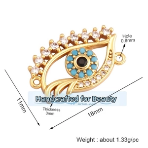 Detailed view of 18mm gold plated evil eye charm with micro-pave zircons for DIY jewelry