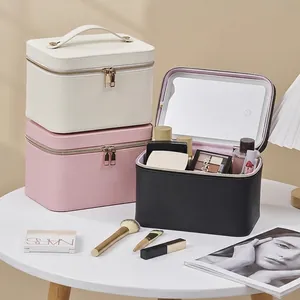 Professional Portable Makeup Bag With LED Mirror Light PU Leather Travel Cosmetic Case Waterproof Handheld Vanity Box