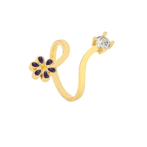 Minimalist gold S-shaped open ring with purple flower enamel and zircon gemstone